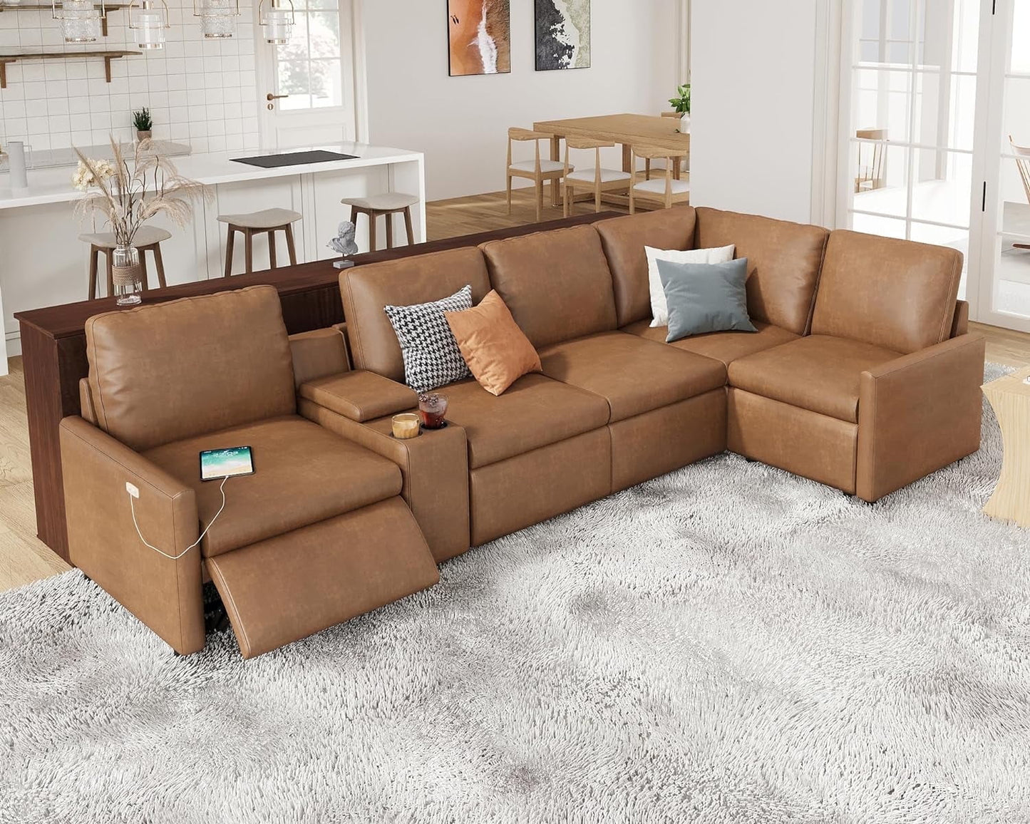 Power Recliner Sofa, L Shaped Couch with Cup Holder& USB, 5 Seats Sofa for Living Room