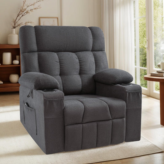 Manual Recliner Chair for Adults,Classic Overstuffed Reclining Chair for Living Room with Cup Holders,Side Pockets