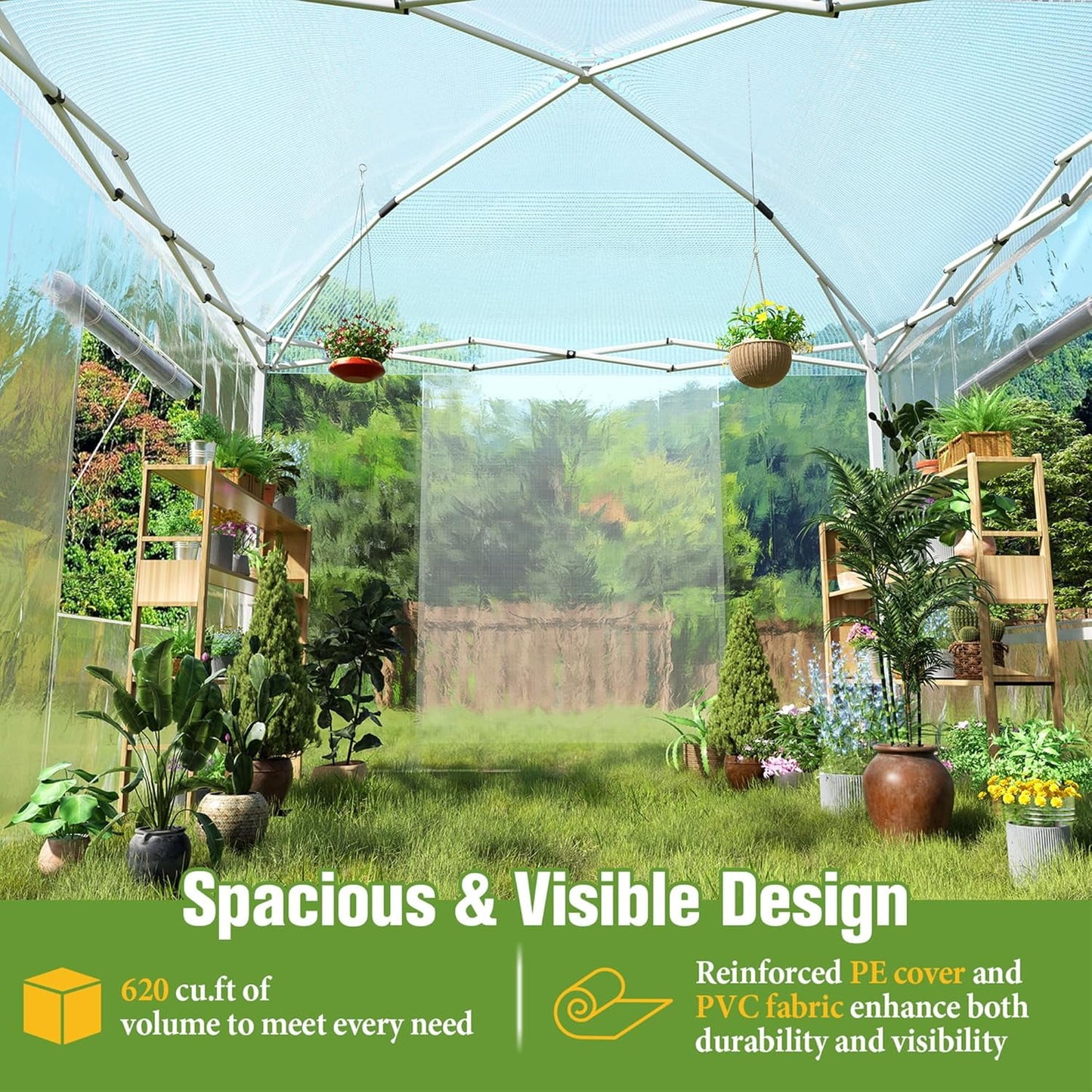 LUXOAK 9.7x9.7×8.5 FT Upgraded Pop-up Greenhouses for Outdoors Indoor with Adjustable Reinforced Frame, Portable Walk in Green house with Roll-up Zipper Door, Windows and PE Cover, White