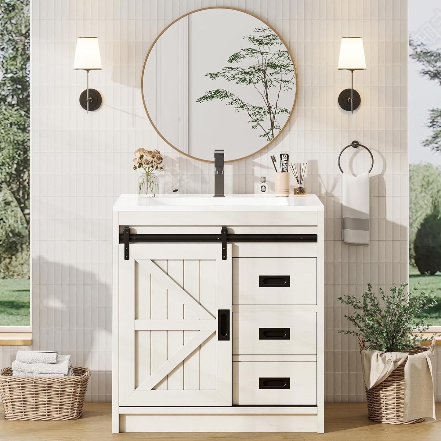 Amerlife 31" Sliding Barn Door Bathroom Vanity with Sink, Farmhouse Small Single Bath Vanity, Blue