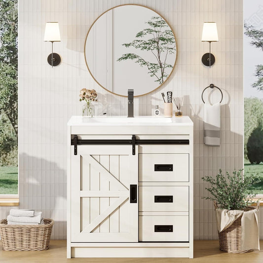 Amerlife 31" Sliding Barn Door Bathroom Vanity with Sink, Farmhouse Small Single Bath Vanity, Blue