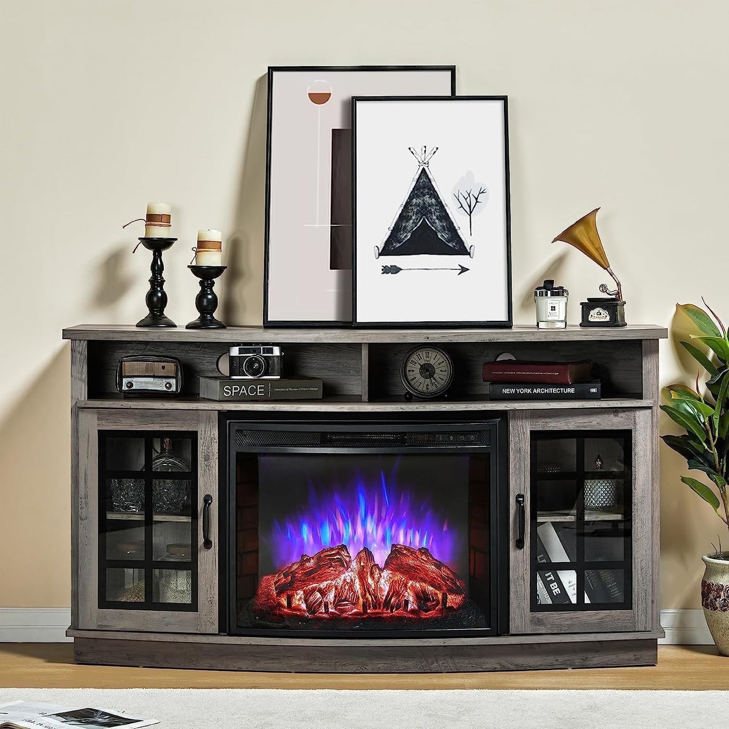 Amerlife 63" Tv Stand, 26" Fireplace, Wash Gray