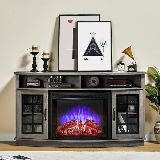Amerlife 63" Tv Stand, 26" Fireplace, Wash Gray