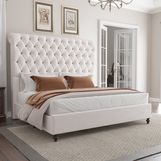 Amerlife Bed Frame with 59.1" Sleigh Headboard,Velvet Upholstered,No Box Spring Needed
