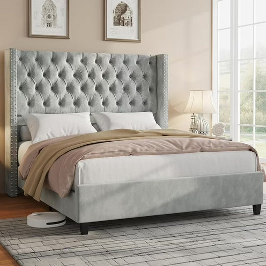 amerlife Bed Frame with Deep Button Tufted and Velvet Wingback Headboard,No Box Spring Needed