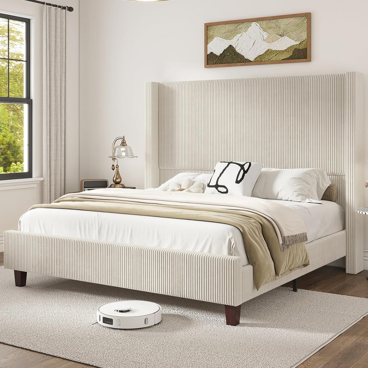 Amerlife Bed Frame, 61" Corduroy Upholstered Platform Bed with Vertical Stripe Wingback Headboard, Solid Wood Slats, Noise-Free
