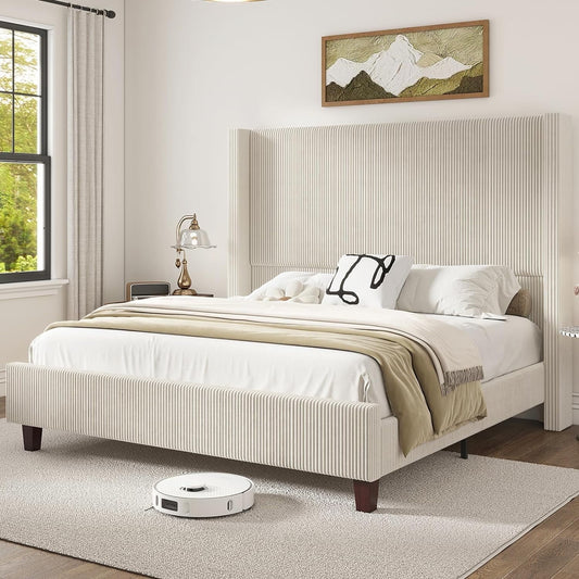 Amerlife Bed Frame, 61" Corduroy Upholstered Platform Bed with Vertical Stripe Wingback Headboard, Solid Wood Slats, Noise-Free