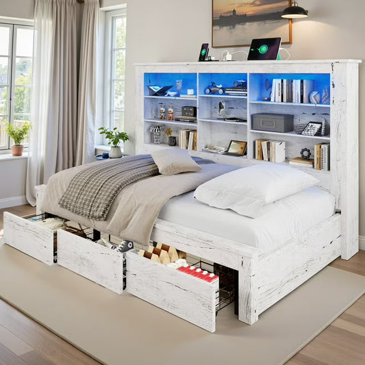 amerlife Daybed with Bookcase Headboard, USB-C Charging, RGB Lights & 3 Drawers, No Box Spring Needed, Platform Bed Frame for Teens, Dorms, Guest Room