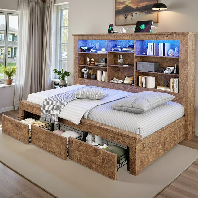amerlife Daybed with Bookcase Headboard, USB-C Charging, RGB Lights & 3 Drawers, No Box Spring Needed, Platform Bed Frame for Teens, Dorms, Guest Room
