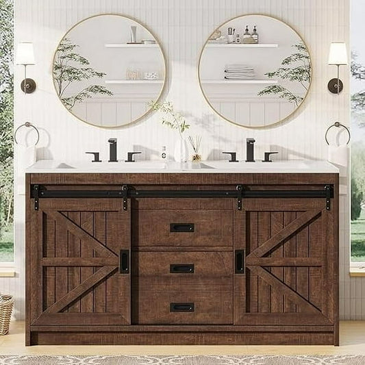 Amerlife 61" Farmhouse Double Bathroom Vanity with Sink Combo, Dual Basin Bathroom Storage Cabinet with Sliding Barn Doors & Drawers