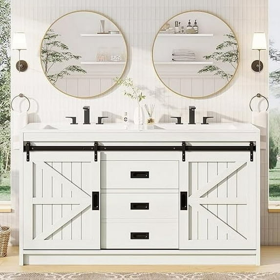 Amerlife 61" Farmhouse Double Bathroom Vanity with Sink Combo, Dual Basin Bathroom Storage Cabinet with Sliding Barn Doors & Drawers
