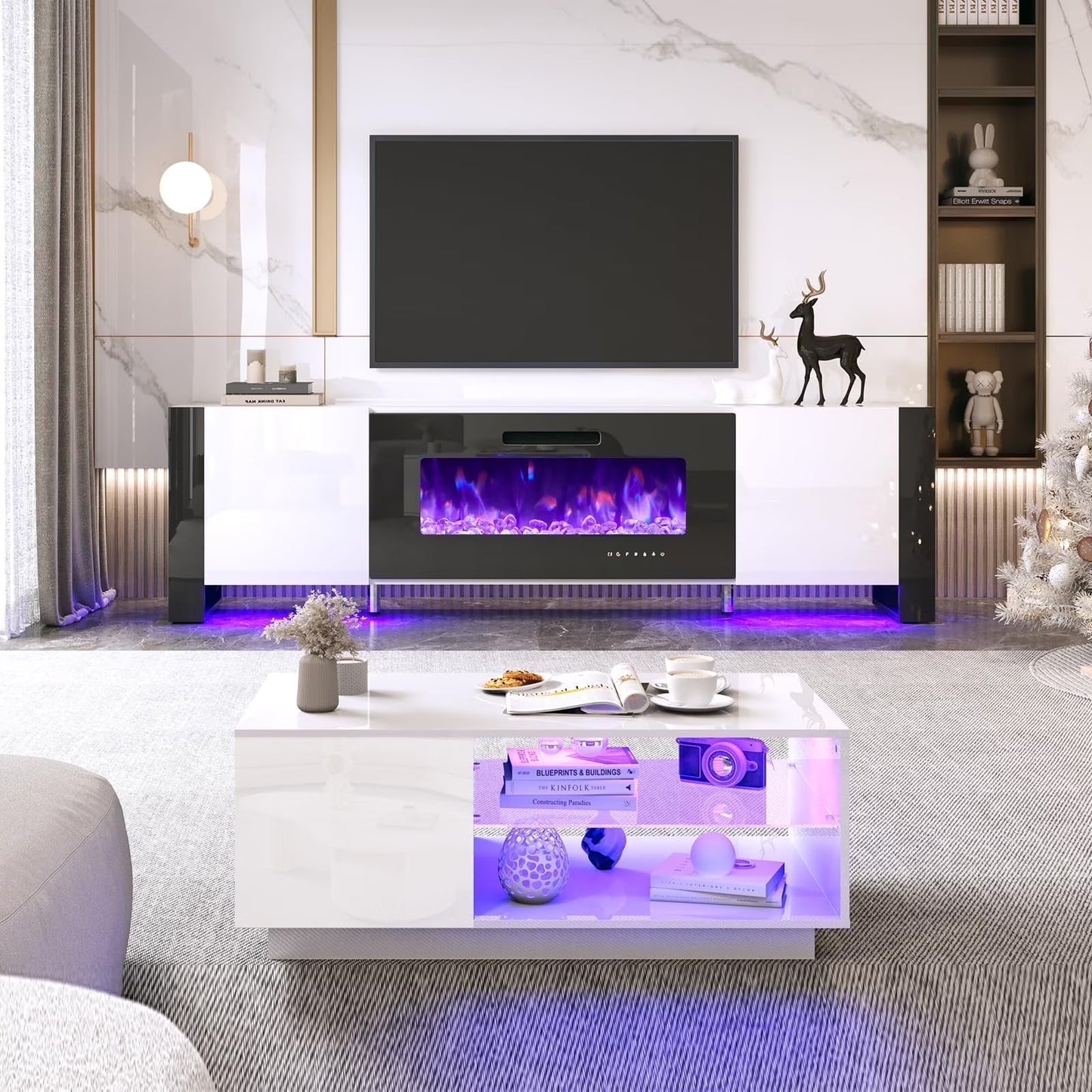 Amerlife High Gloss 3 Pieces Living Room Table Set, Modern LED Coffee Table Sets of 3, 2-tier Center Table with 2 End Side Tables, White