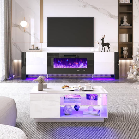 Amerlife High Gloss 3 Pieces Living Room Table Set, Modern LED Coffee Table Sets of 3, 2-tier Center Table with 2 End Side Tables, White