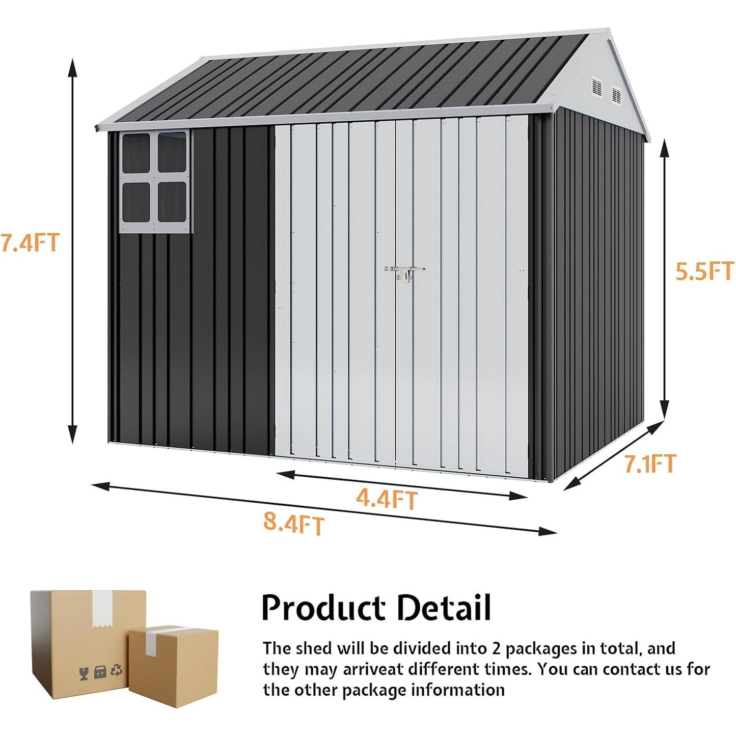 Jocisland 8.5x7.1x7.5 FT Galvanized Steel Outdoor Storage Shed, 4 Vents and Lockable Double Hinged Doors, Metal Shed for Backyard Storage, Dark Black/White