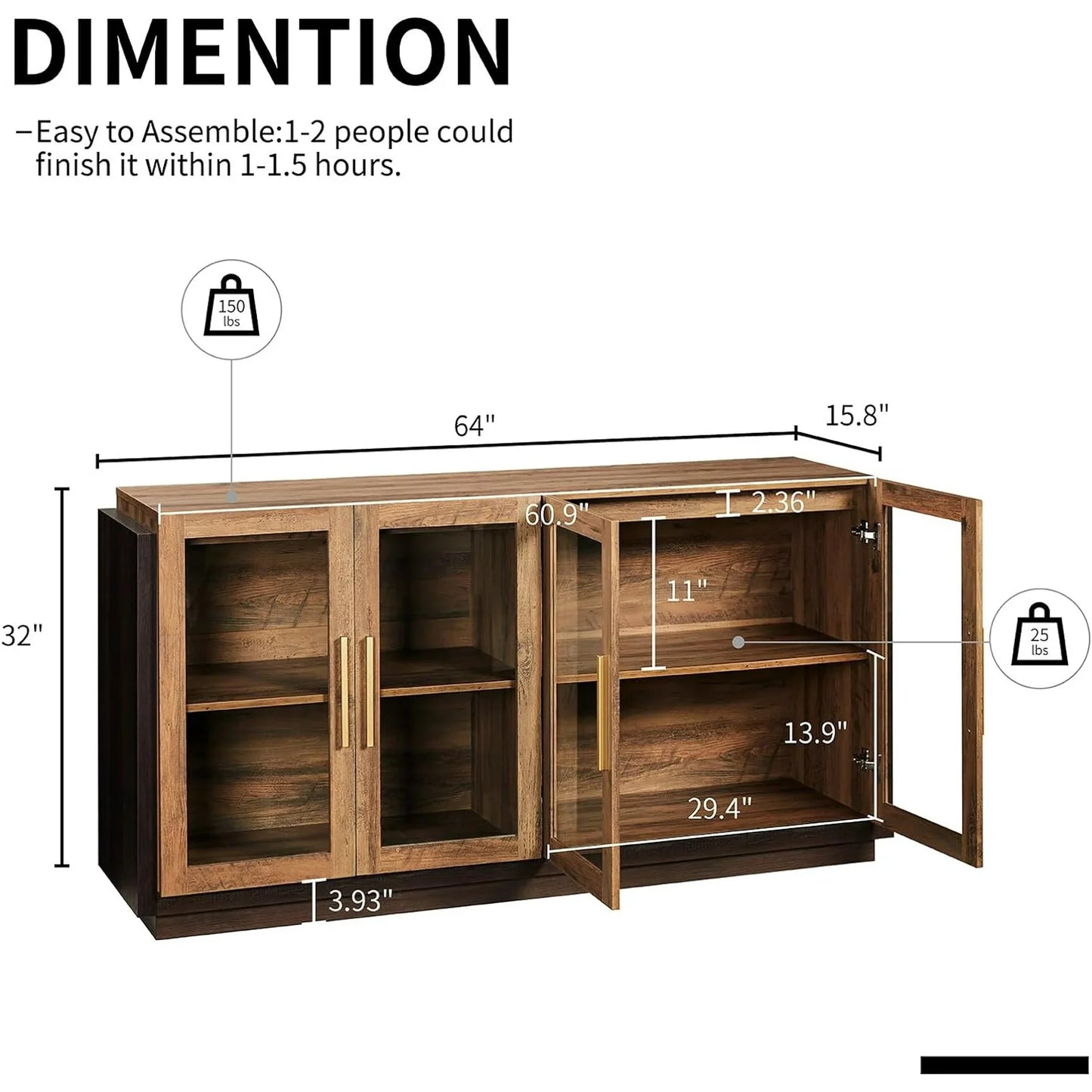 Sideboard Buffet Cabinet with Storage, Modern Wood Glass-Buffet Cabinet with LED Light Brown