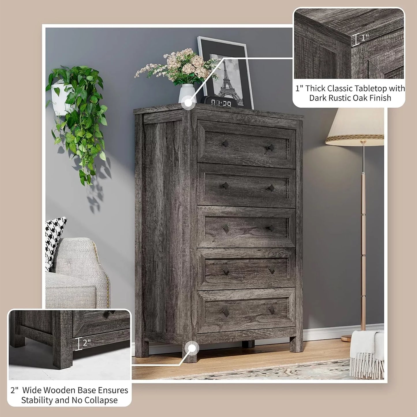 Farmhouse 5 Drawers Dresser, Wood Chest of Drawers for Bedroom, Living Room, Washed Ash