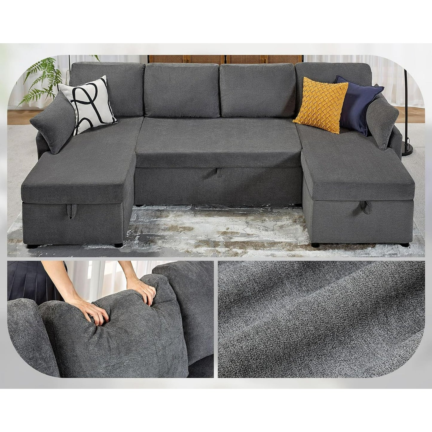 Sleeper Sofa, 110 inch Oversize Sofa Bed with 2 Storage Chaise for Living Room, Grey Chenille