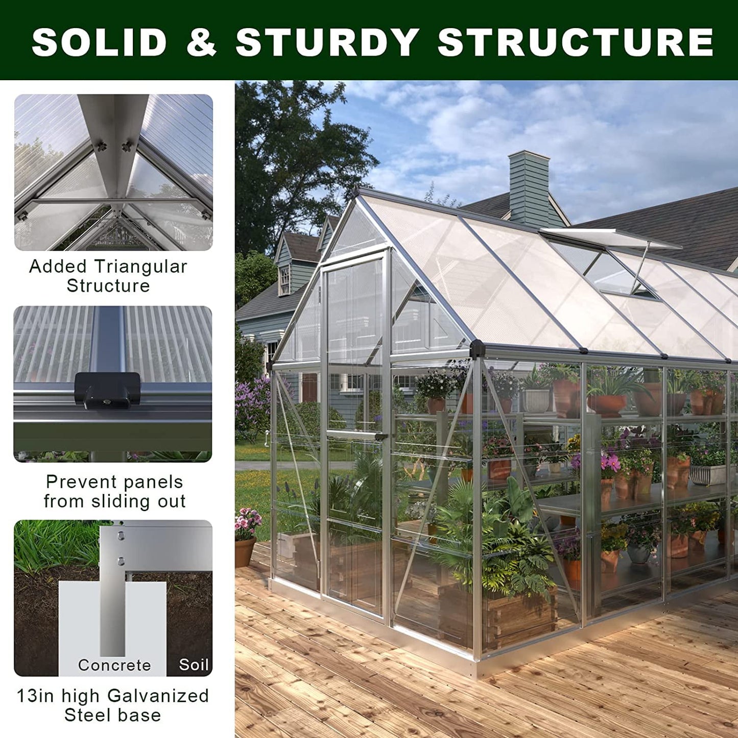 Jocisland 6x16 ft Polycarbonate Greenhouse with 4 Vent Window for Outdoor Garden Backyard, Silver