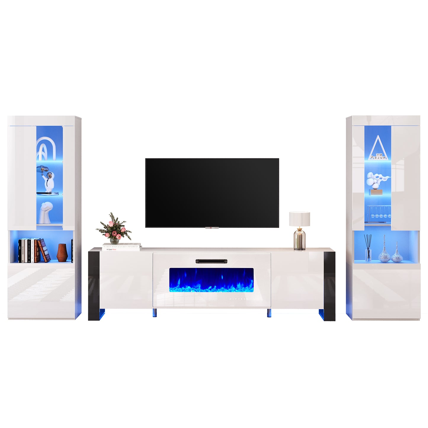 Merluxy 70" Modern Fireplace TV Stand with 36" Electric Fireplace & 2 Large Storage LED Bookcases, 3 Piece Living Room Entertainment Center Set for TVs Up to 80in, All Black