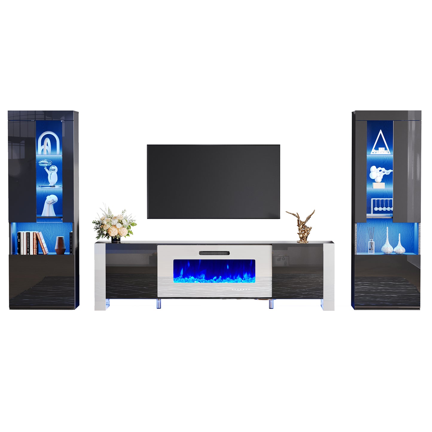 Merluxy 70" Modern Fireplace TV Stand with 36" Electric Fireplace & 2 Large Storage LED Bookcases, 3 Piece Living Room Entertainment Center Set for TVs Up to 80in, All Black