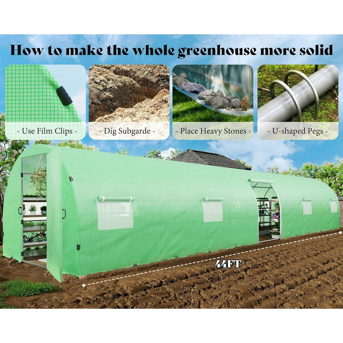 Jocisland 44x10x7.5 ft Tunnel Greenhouse for Outdoors Upgraded Swing Door Premium PE Cover & Film Clips, Green