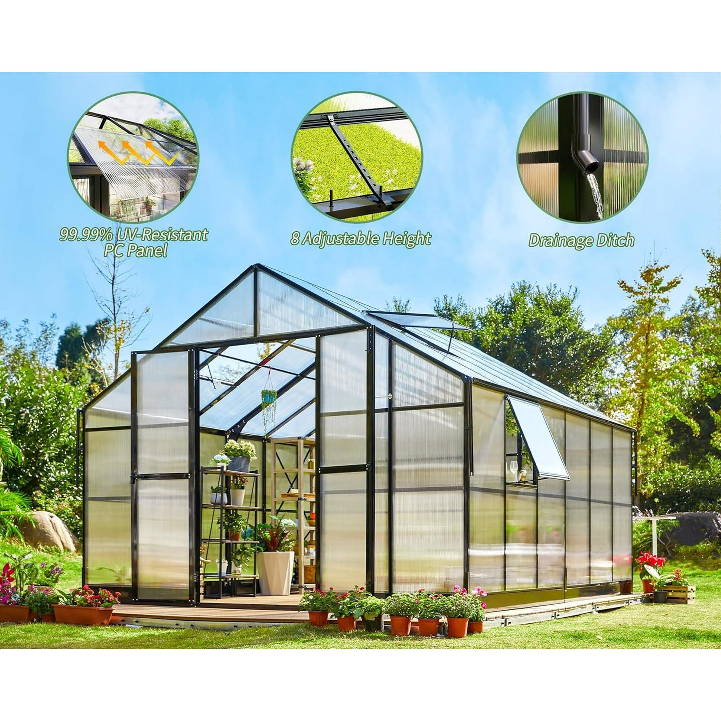 Jocisland 12x13.5x9 ft Polycarbonate Greenhouse with Quick-Connect Fittings for Outdoors, 875 ft² Net Space, Aluminum Frame, Double Doors, Black