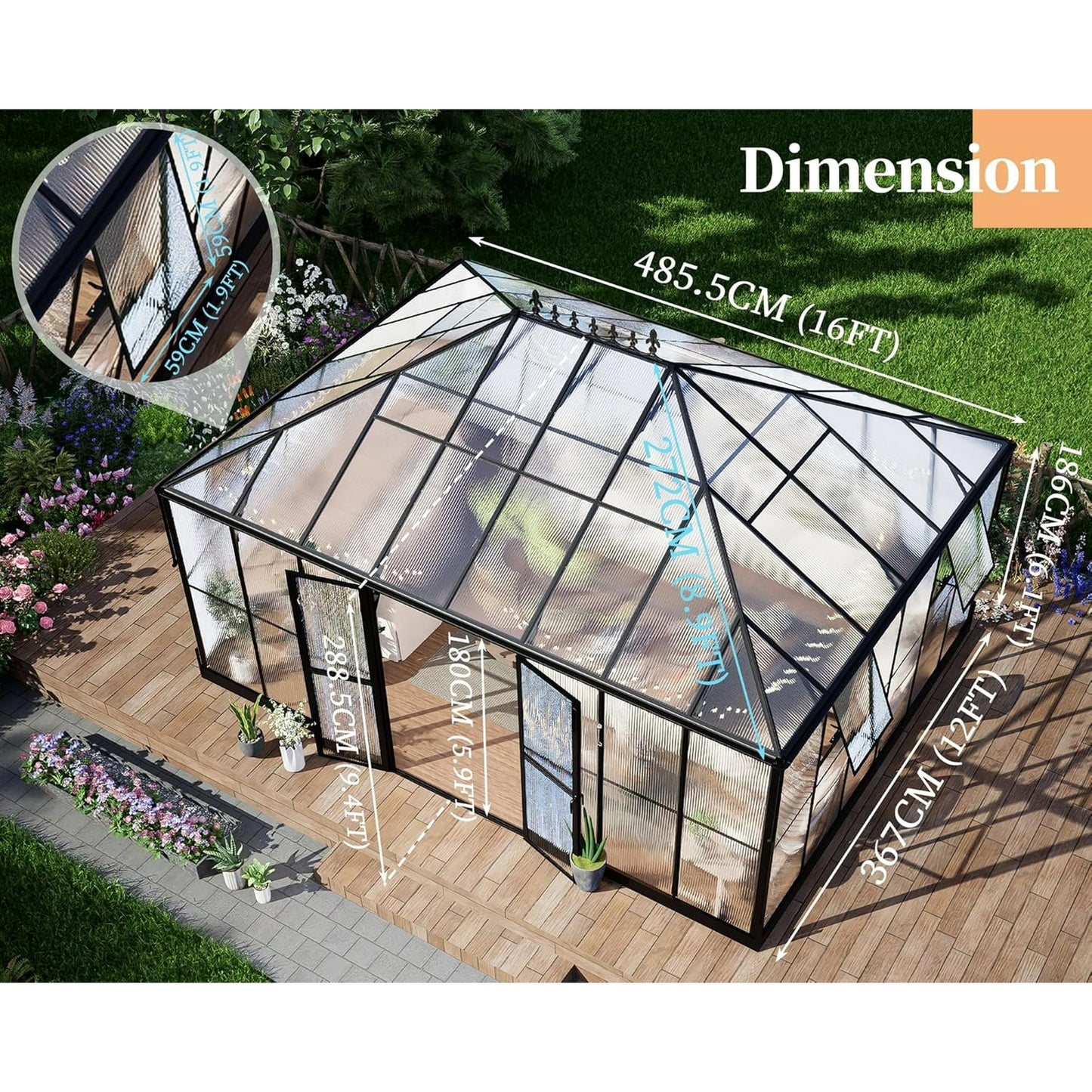 Jocisland 16x12x9.5 ft Polycarbonate Greenhouse- 6 ft Wall Height Outdoor Aluminum Greenhouses with 2 Vent Windows and Rain Gutter, Double Doors with Hook, Walk-in Greenhouse for Backyard Garden