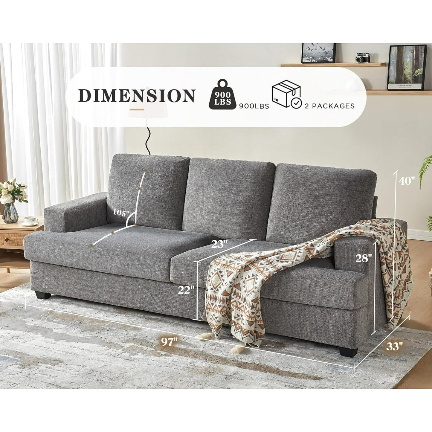 3 Seater Comfy Sofa with Extra Deep Seat, 97" Modern Couches for Living Room, Grey Chenille