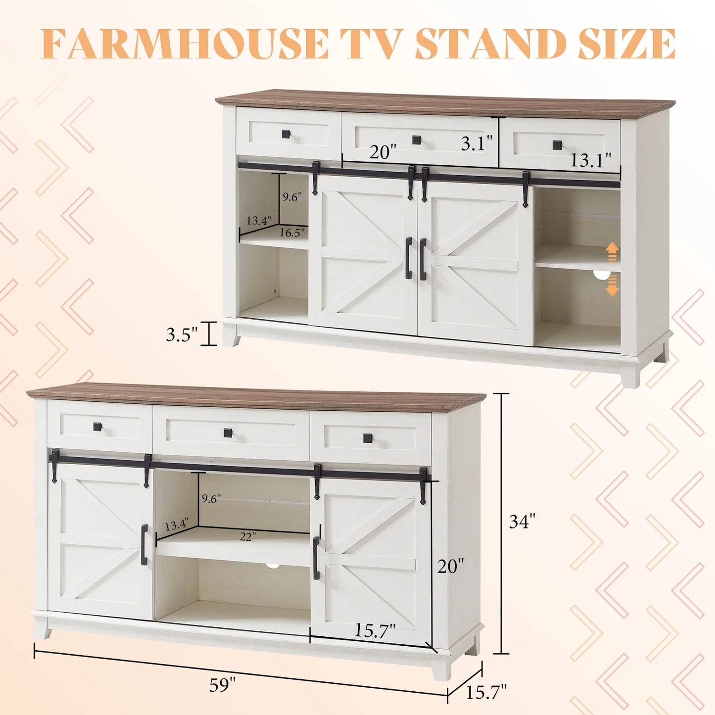 TV Stands for Living Room with Sliding Barn Doors for Televisions up to 65+ Inch, Rustic White