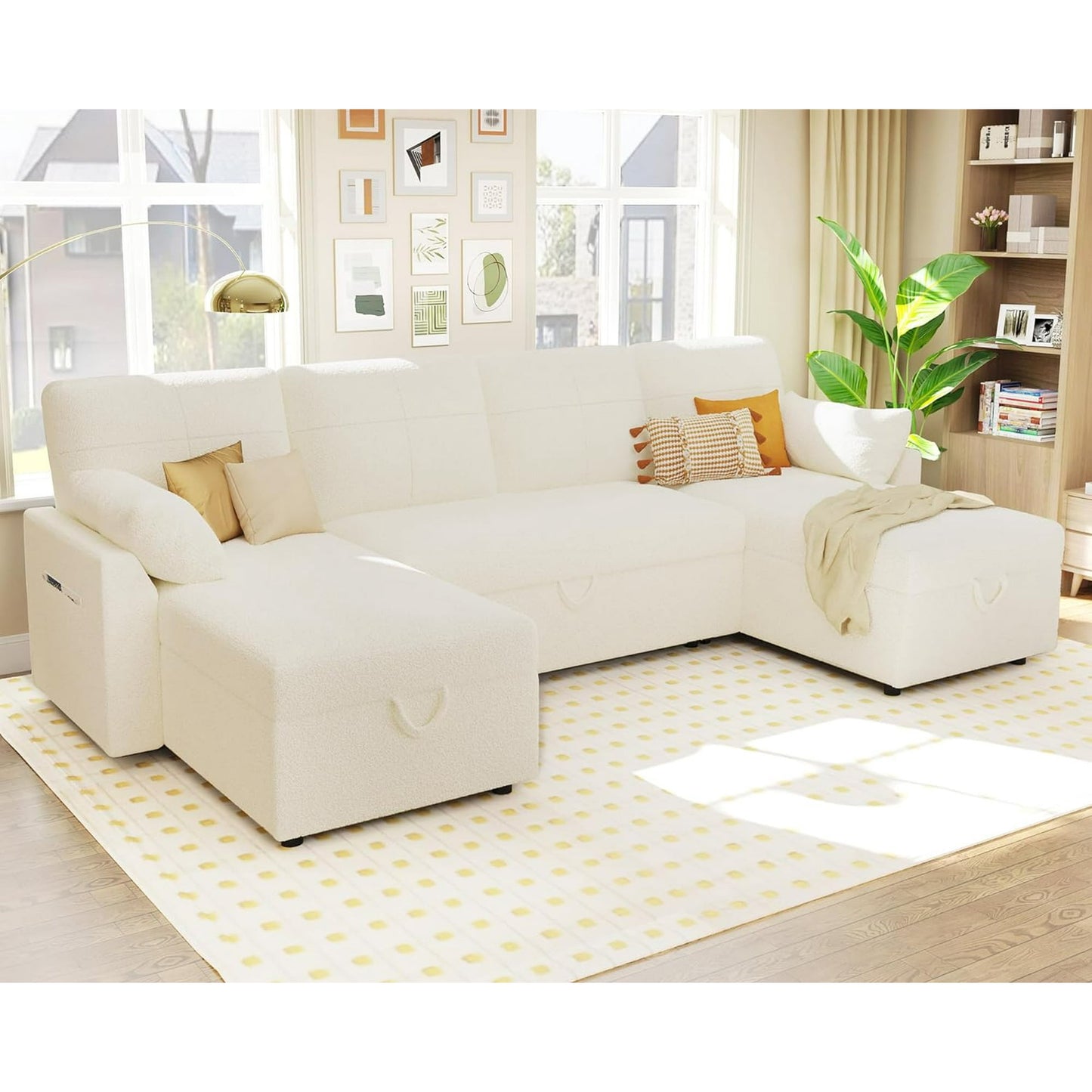 Sleeper Sofa, 110 inch Overisze Sofa Bed with 2 Storage Chaise for Living Room, White Boucle