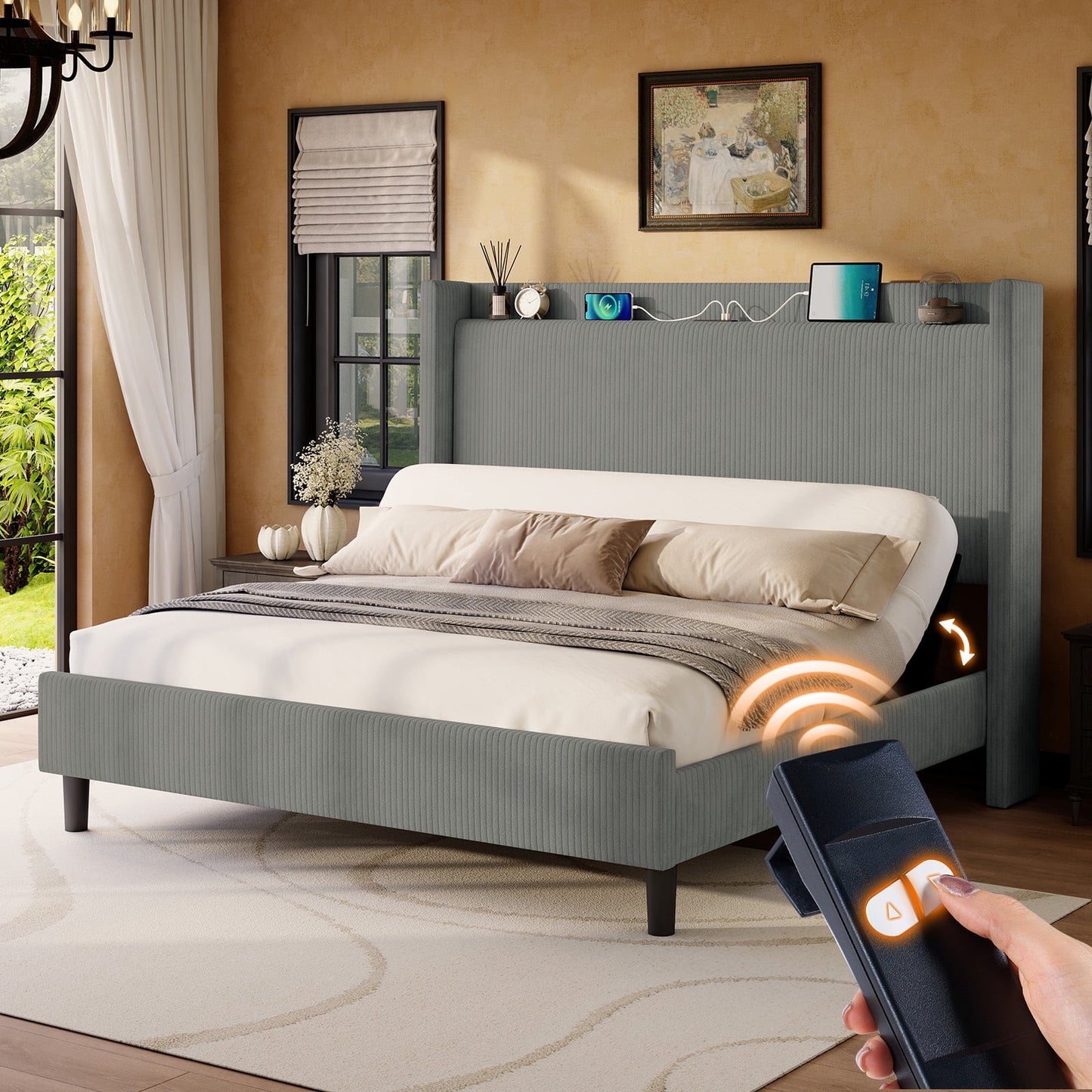 Bed Frame with Smart Adjustable Bed Base, Storage Wingback Headboard,Charging Station