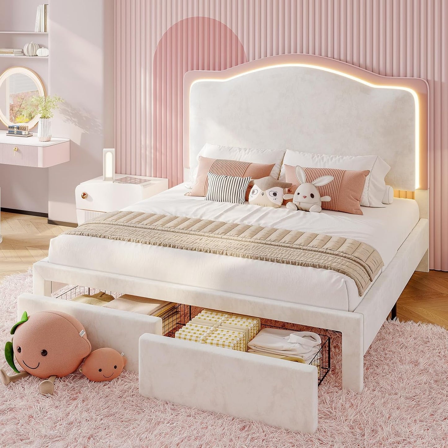 Merluxy LED Bed Frames with Storage Drawer, Upholstered Platform Bed with Adjustable Headboard, No Box Spring Needed, Easy Assembly