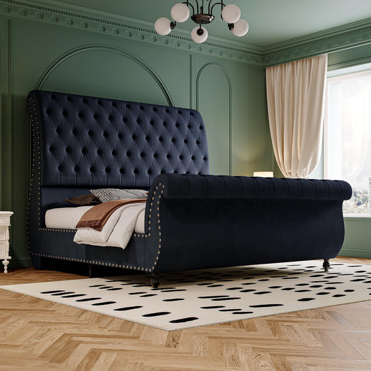 Bed Frame, Velvet Upholstered Platform Sleigh Bed With Scroll Headboard & Footboard, Button Tufted, No Box Spring Needed