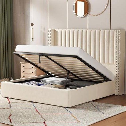 Lift Up Storage Bed Velvet Upholstered Bed Frame with Vertical Channel Tufted Headbord