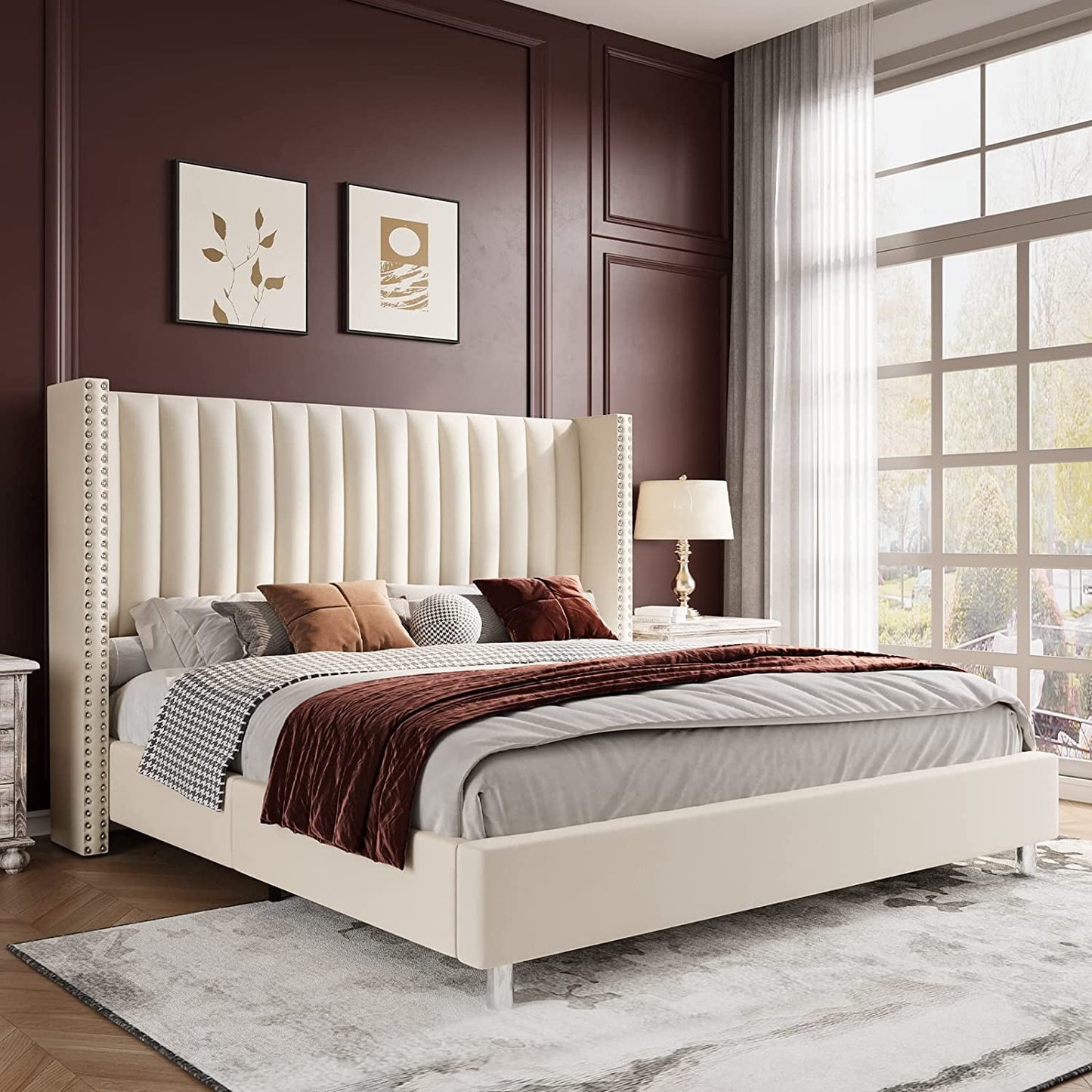 Velvet Upholstered Bed Frame with Vertical Channel Tufted Headbord