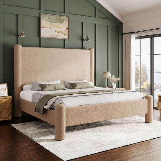 Bed Frame, Boucle Upholstered Bed Frame with Charging Station, Platform Bed with Soft Rounded Corners, Easy Assembly, No Box Spring Required
