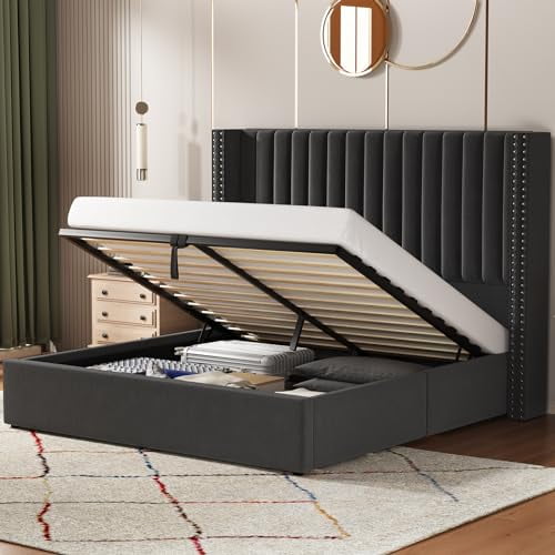 Lift Up Storage Bed Velvet Upholstered Bed Frame with Vertical Channel Tufted Headbord