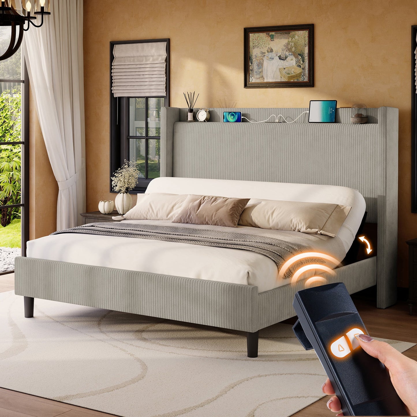 Bed Frame with Smart Adjustable Bed Base, Storage Wingback Headboard,Charging Station