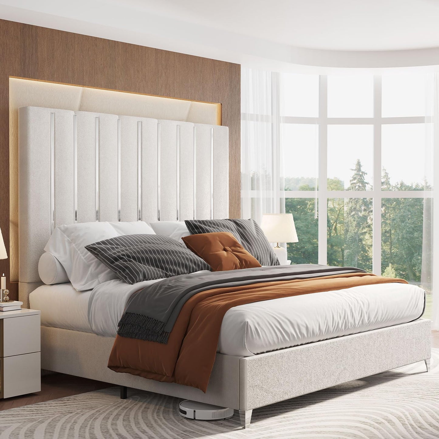 Bed Frame with 58" Tall Headboard,Silver Plating Trim,Velvet Upholstered
