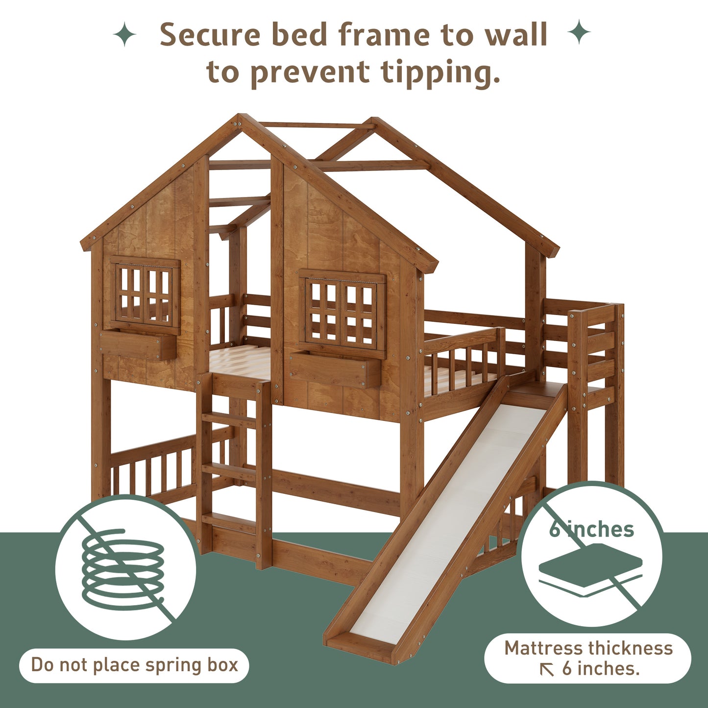 Jocisland House Bunk Bed with Slide and Ladder, Solid Wood Frame, Window Box Shelf, 14" Guardrail, Underbed Area for Mattress or Play