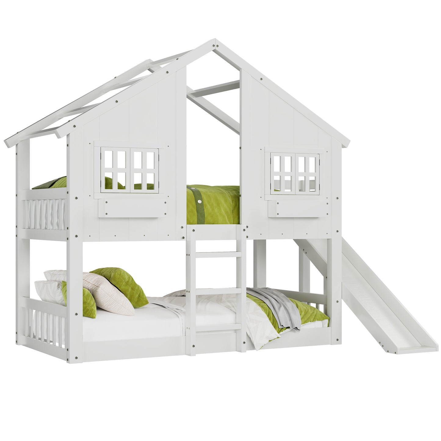 Jocisland House Bunk Bed with Slide and Ladder, Solid Wood Frame, Window Box Shelf, 14" Guardrail, Underbed Area for Mattress or Play