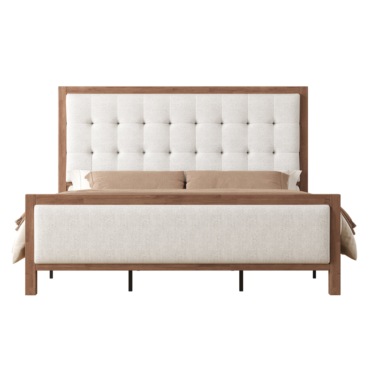 Jocisland Solid Wood Bed Frame 50" Tall Headboard&Footboard | Linen Upholstered Headboard，Mid-Century Modern Style，Noise-Free Sleep，No Box Spring Needed，Easy Assembly 45mins