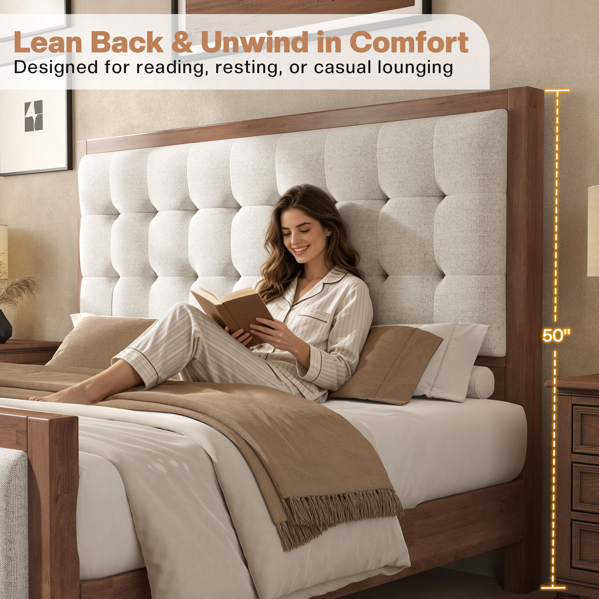 Jocisland Solid Wood Bed Frame 50" Tall Headboard&Footboard | Linen Upholstered Headboard，Mid-Century Modern Style，Noise-Free Sleep，No Box Spring Needed，Easy Assembly 45mins