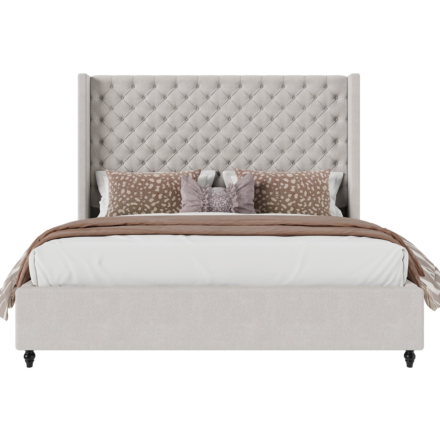 Jocisland Bed Frame with Tall Headboard, Upholstered Wingback Platform Design, Handcrafted Pleats & Deep Button Tufted, Solid Wood Legs, No Box Spring Needed