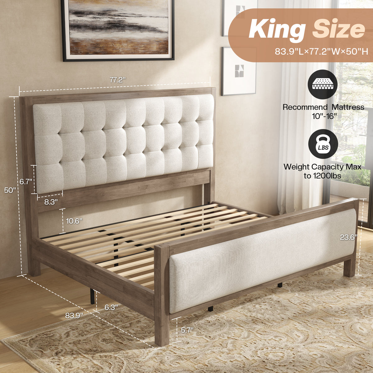 Jocisland Solid Wood Bed Frame 50" Tall Headboard&Footboard | Linen Upholstered Headboard，Mid-Century Modern Style，Noise-Free Sleep，No Box Spring Needed，Easy Assembly 45mins