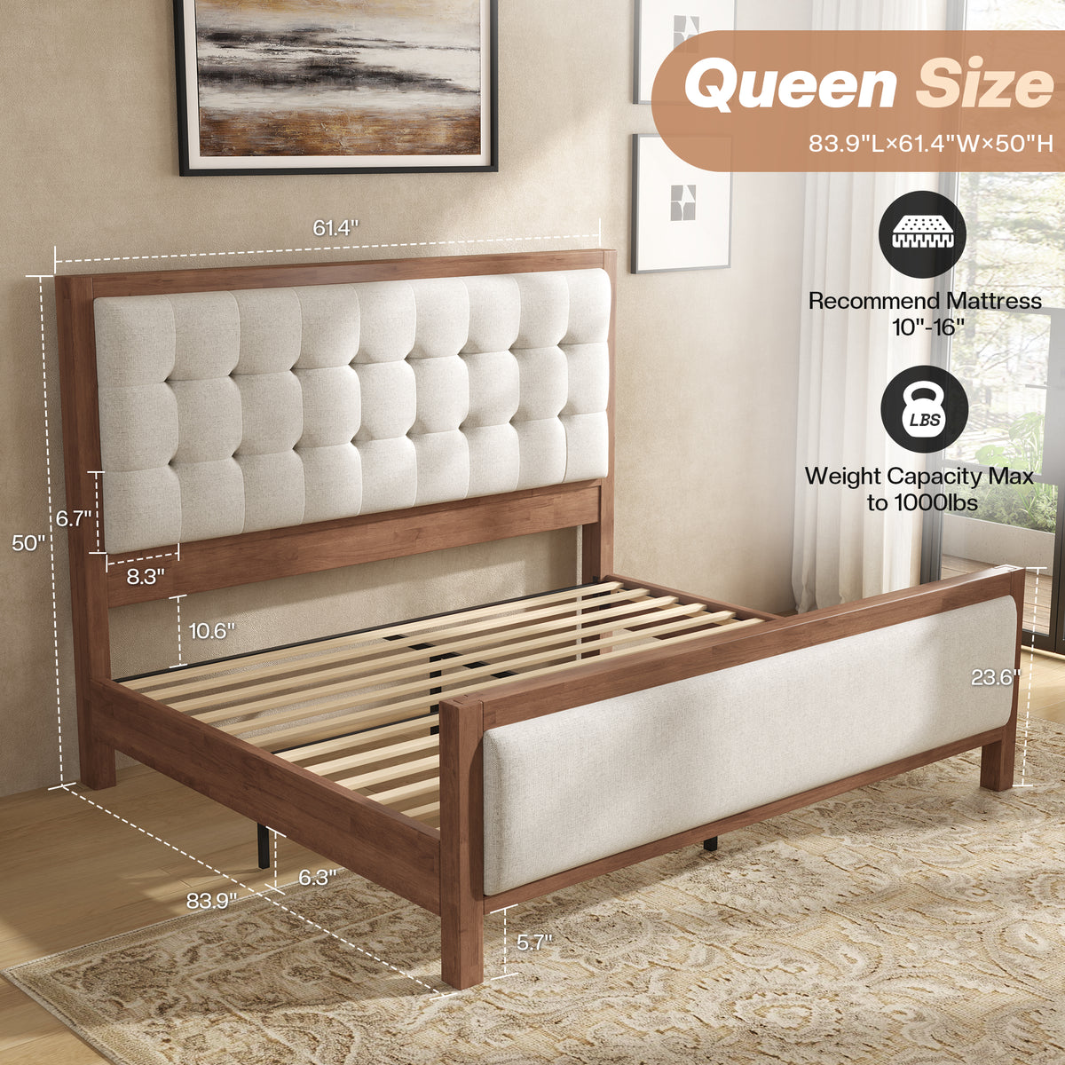 Jocisland Solid Wood Bed Frame 50" Tall Headboard&Footboard | Linen Upholstered Headboard，Mid-Century Modern Style，Noise-Free Sleep，No Box Spring Needed，Easy Assembly 45mins