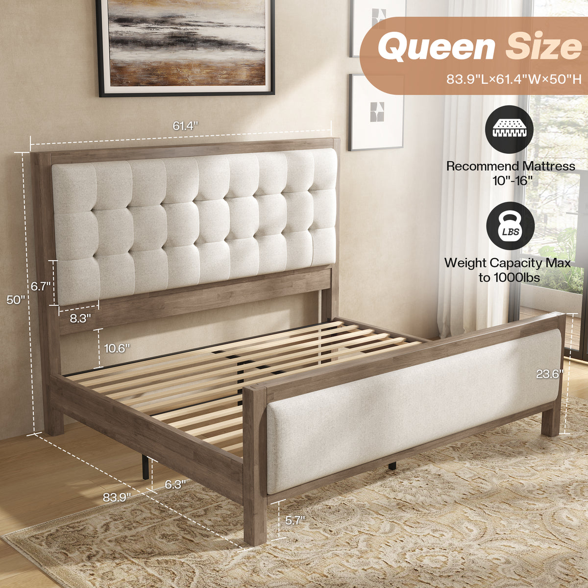 Jocisland Solid Wood Bed Frame 50" Tall Headboard&Footboard | Linen Upholstered Headboard，Mid-Century Modern Style，Noise-Free Sleep，No Box Spring Needed，Easy Assembly 45mins