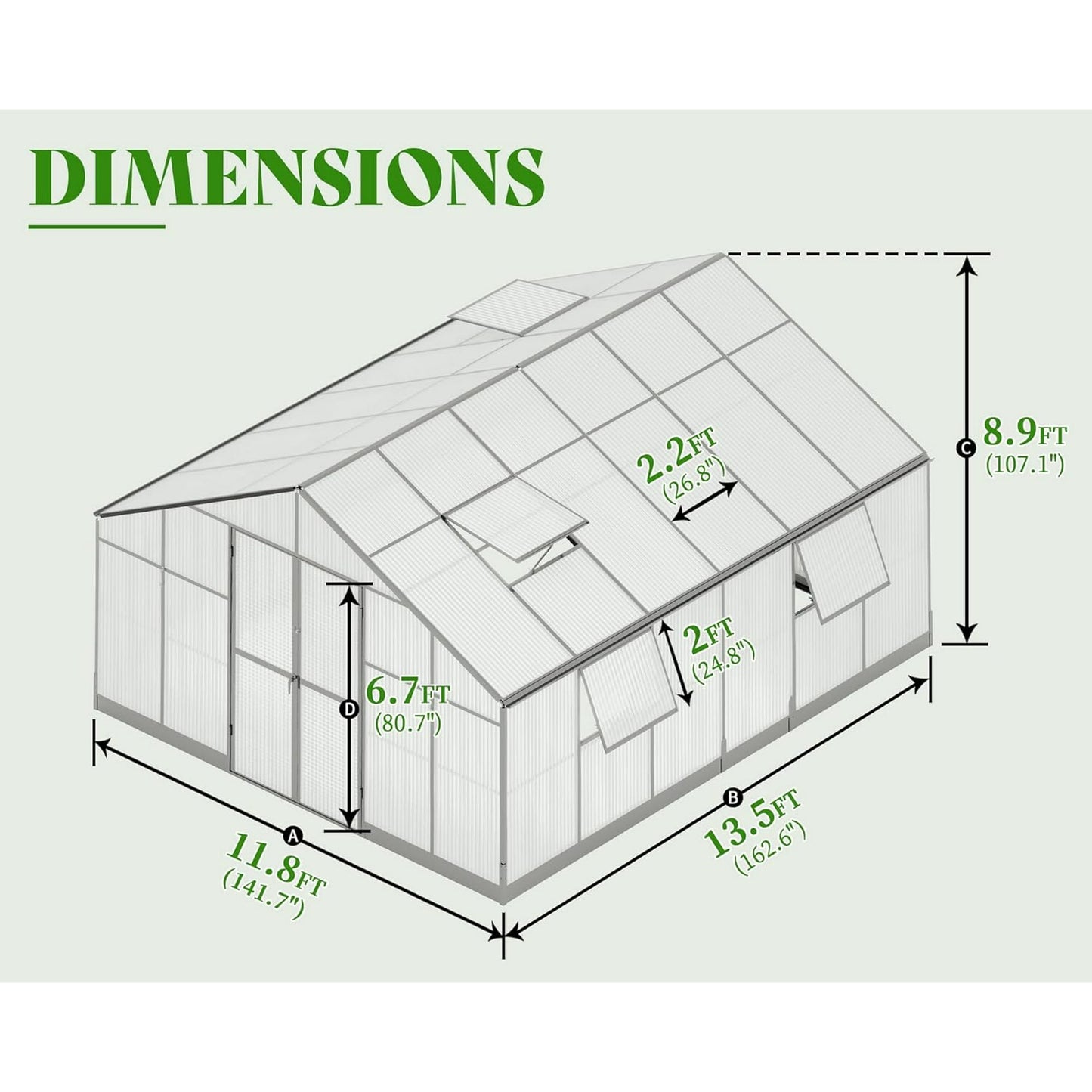 Jocisland 12x13.5x9 ft Polycarbonate Greenhouse with Quick-Connect Fittings for Outdoors, 875 ft² Net Space, Aluminum Frame, Double Doors, Black