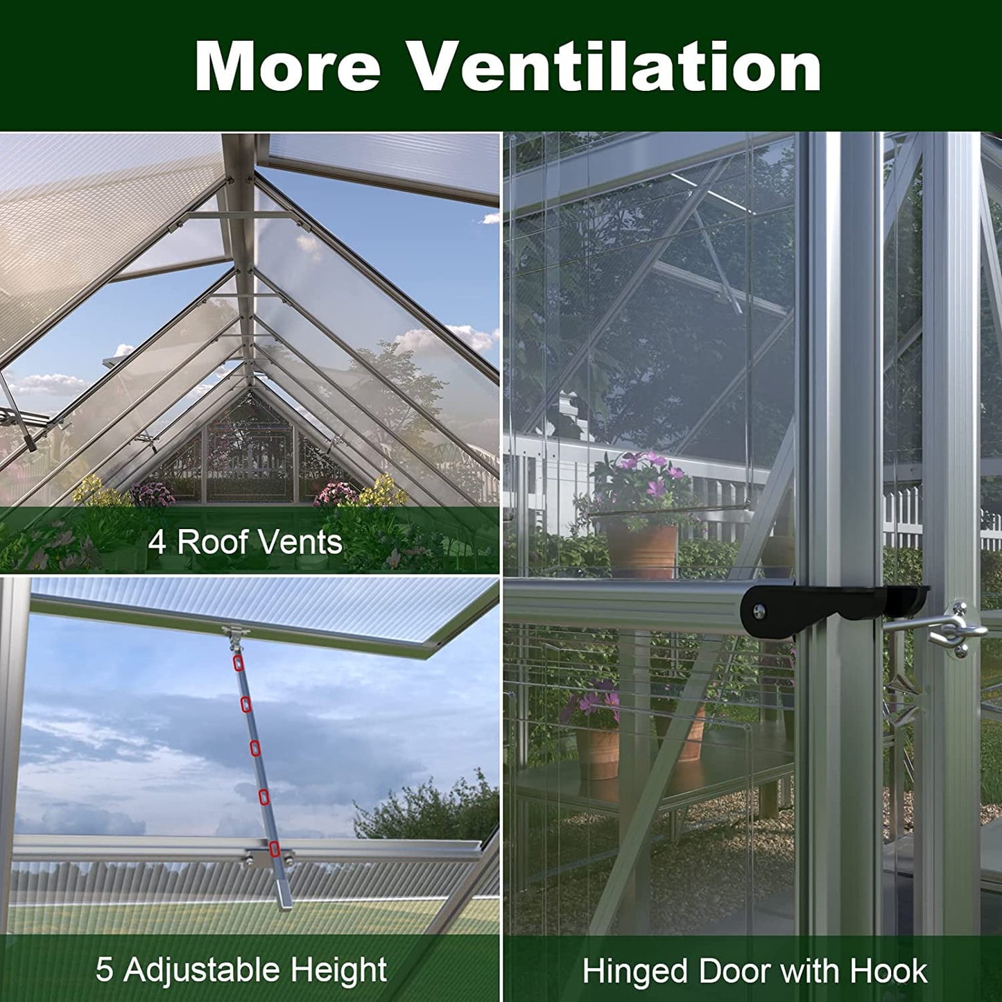 Jocisland 6x16 ft Polycarbonate Greenhouse with 4 Vent Window for Outdoor Garden Backyard, Silver
