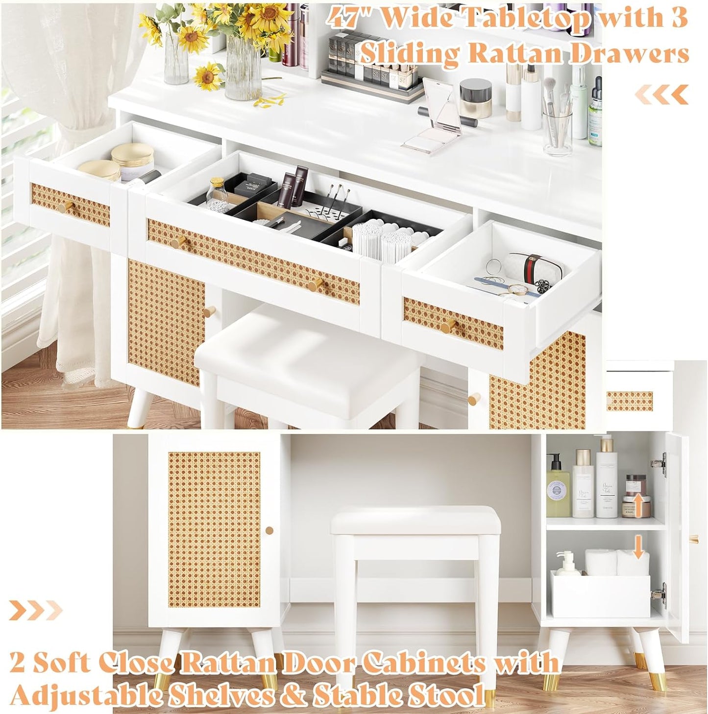 Rattan Makeup Vanity Desk with Mirror and Lights, 47'' Modern Vanity Table with 3 Drawers & Shelves, Boho Large Vanity Set with 2 Rattan Door Cabinets for Bedroom, Stool Included,